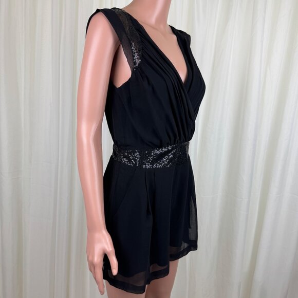 Women's TCEC Sequins Accent Ruched Shirred Chiffon Romper Size Medium Black - Picture 2 of 12